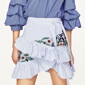 Zara Striped Floral Embroidered Ruffle Skirt